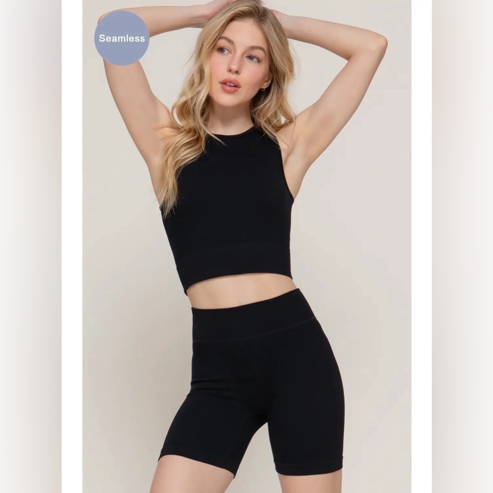 197 - Black Sleeveless Ribbed Seamless Crop Top and Shorts Set